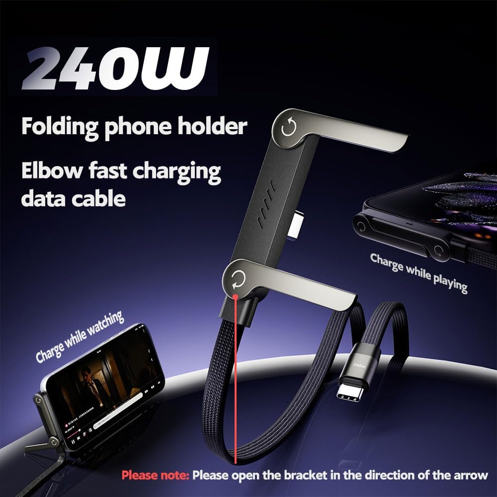 240W USB-C Fast Charging Cable with Foldable Phone Stand