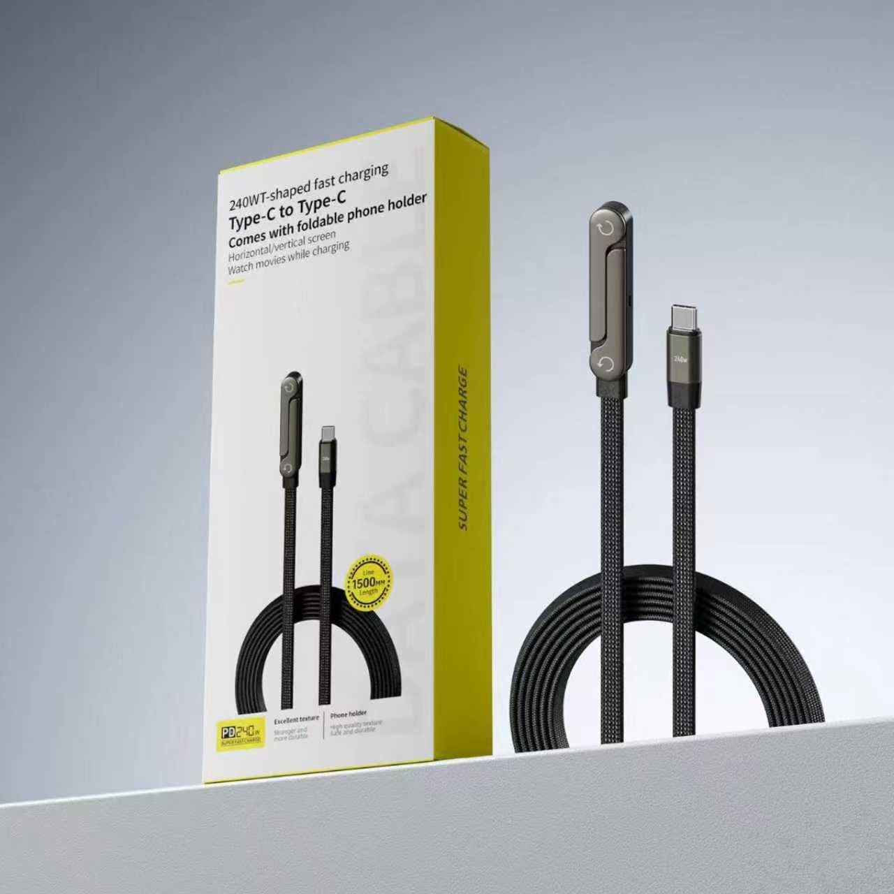 240W USB-C Fast Charging Cable with Foldable Phone Stand