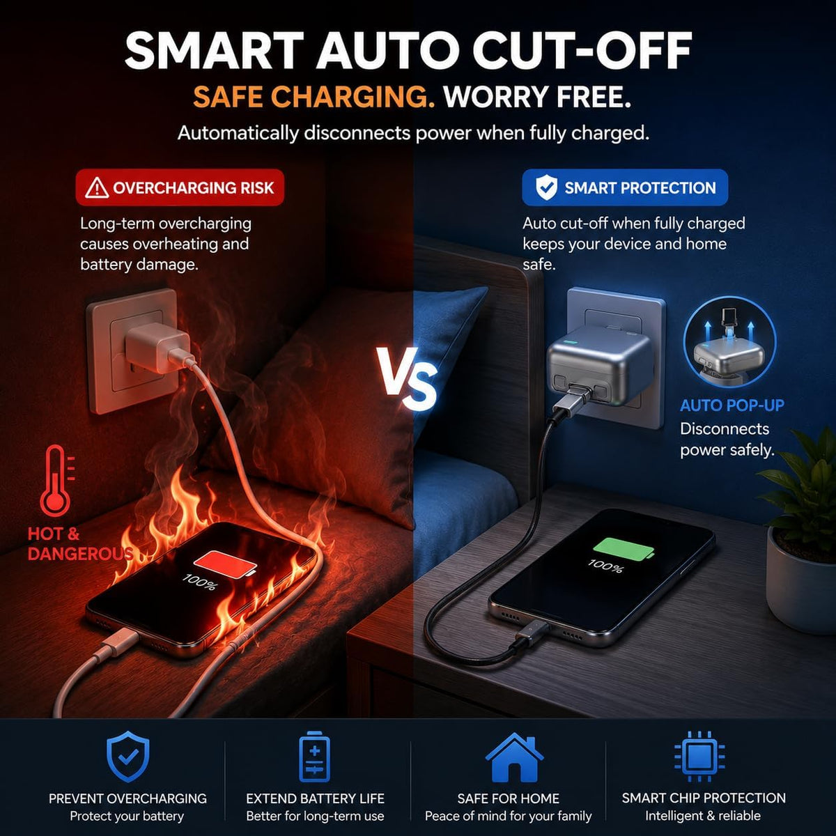 Smart Auto Stop Charging Adapter with USB-C Cable