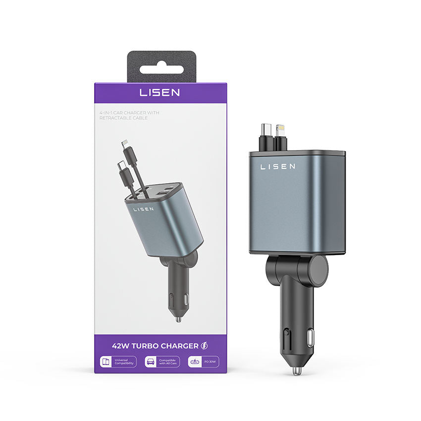 LISEN 84W Retractable Car Charger – 4-in-1 USB-C Fast Charger with Extendable Cables